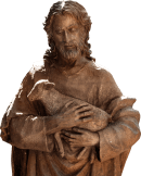 man holding sheep statuette